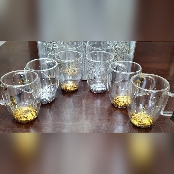 Double Walled (Insulated) Gold & Silver Glittery 12Oz Glass Coffee Mugs Set of 6 - Picture 3 of 12